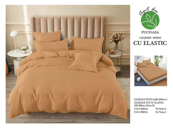 Lenjerii de pat Finet 6 piese cu Elastic,Uni,Maro-UT20 [1]