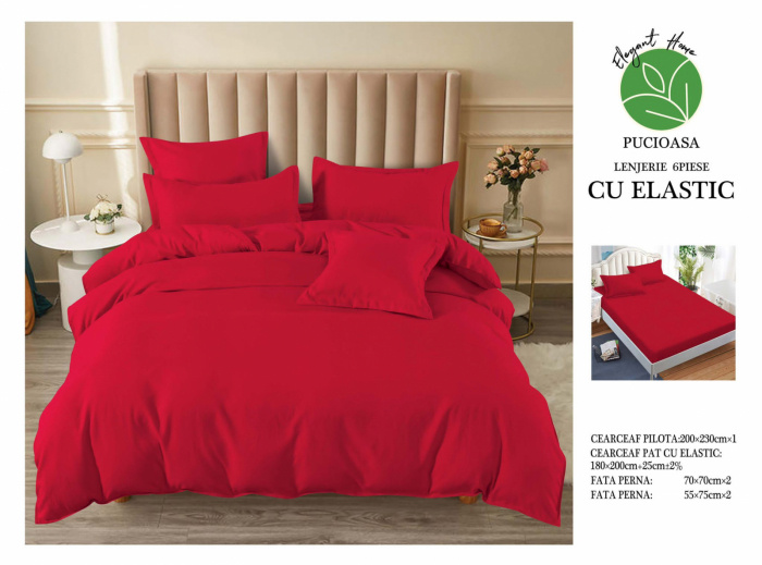 Lenjerii de pat Finet 6 piese cu Elastic,Uni, Rosu-UT18 [1]