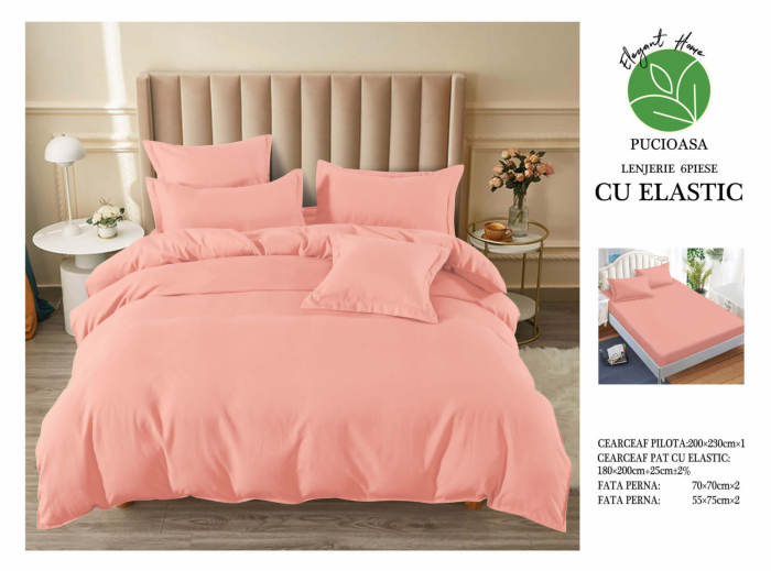Lenjerii de pat Finet 6 piese cu Elastic,Uni,Roz-UT10 [1]