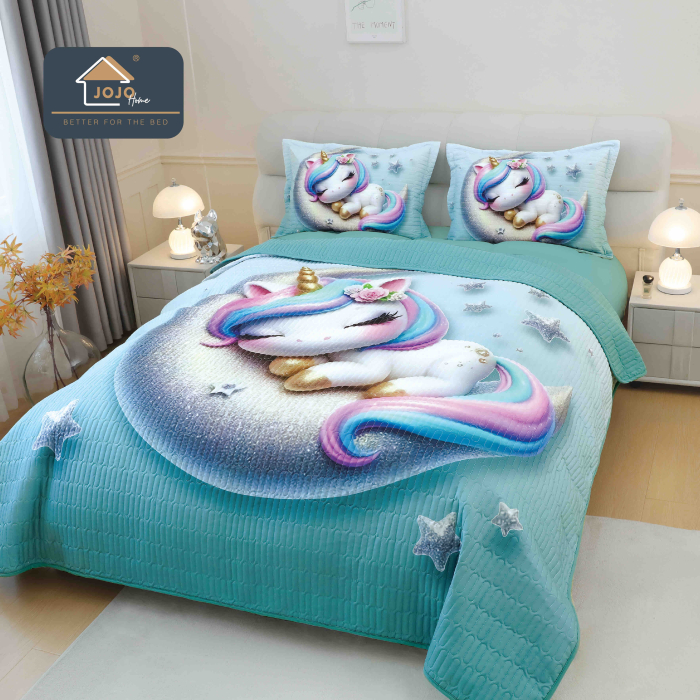 Set Cuvertura de pat 220x240 cm + 2 fete de perna turcoaz cu unicorn colorat 3D-MP5 [1]