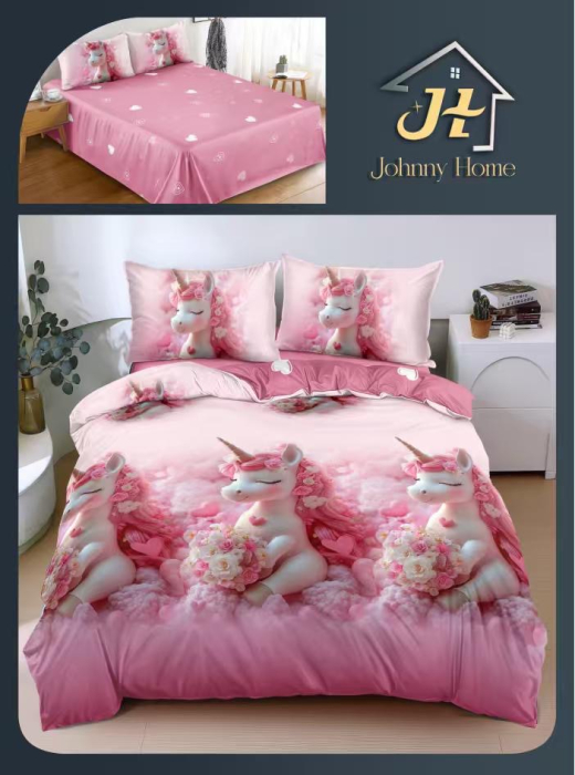Set lenjerie pat bumbac satinat cu unicorn roz, 4 piese-BS730 [2]