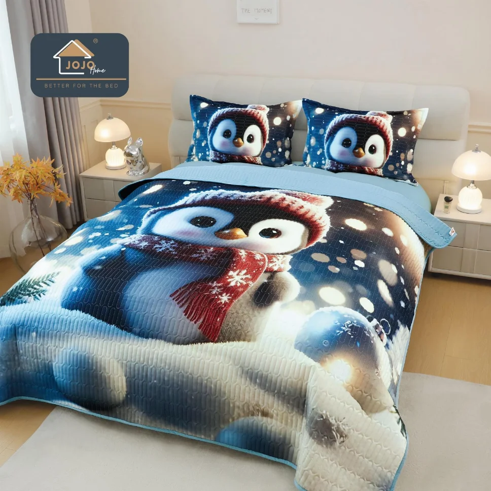 Cuverturi pat Mos Craciun - Cuvertura matlasata 3 piese, albastră cu pinguini simpatici iarna-CVM11