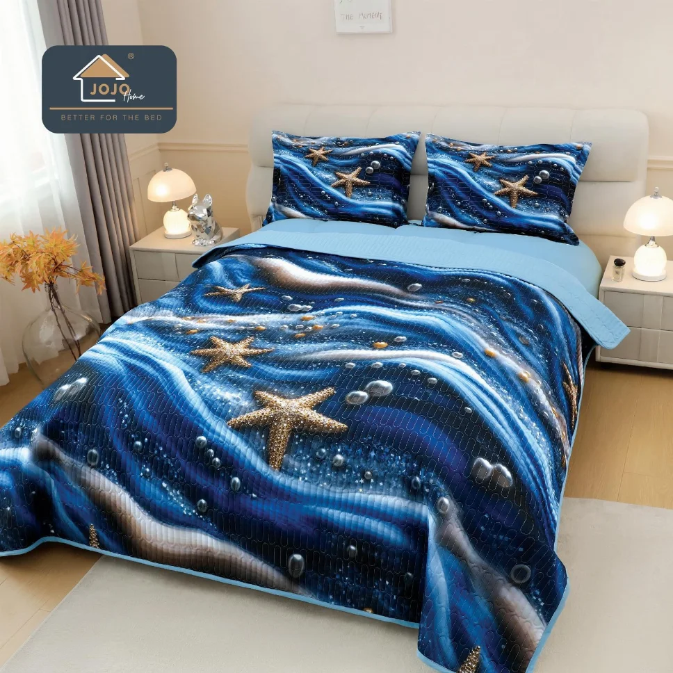 Cuverturi pat Mos Craciun - Cuvertura matlasata 3 piese, albastre cu stele de mare aurii-CVM6