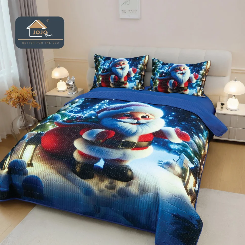 Cuverturi pat Mos Craciun - Cuvertura matlasata 3 piese, cu Moș Crăciun și zăpadă-CVM8