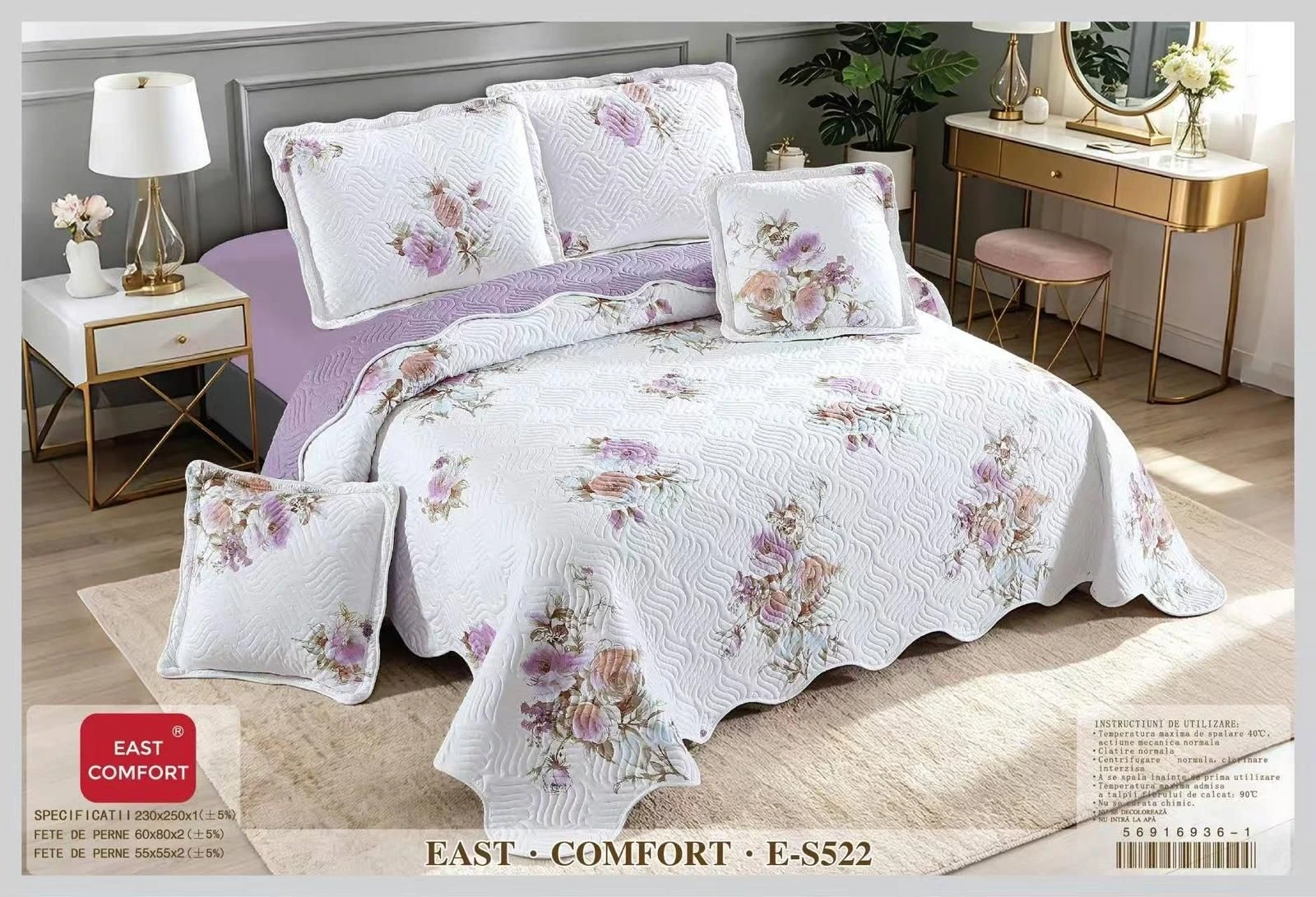 Cuverturi de Bumbac - Cuvertura matlasata din bumbac 5 piese, Alba cu flori roz și purple-ES522