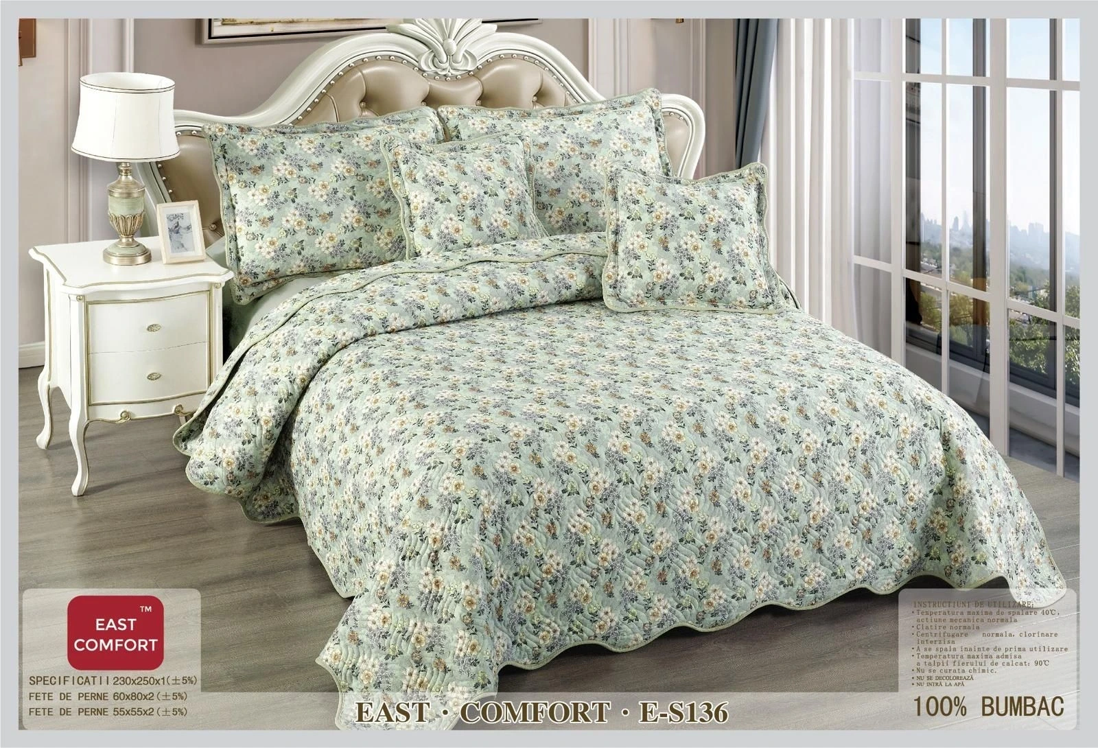 Cuverturi de Bumbac - Cuvertura matlasata din bumbac 5 piese, crem cu floricele colorate in stil vintage-ES136