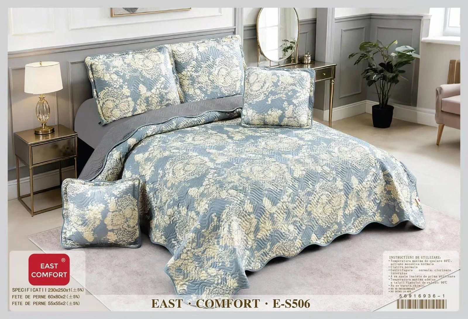 Cuverturi de Bumbac - Cuvertura matlasata din bumbac 5 piese, gri cu floral baroc crem și albastru-ES506
