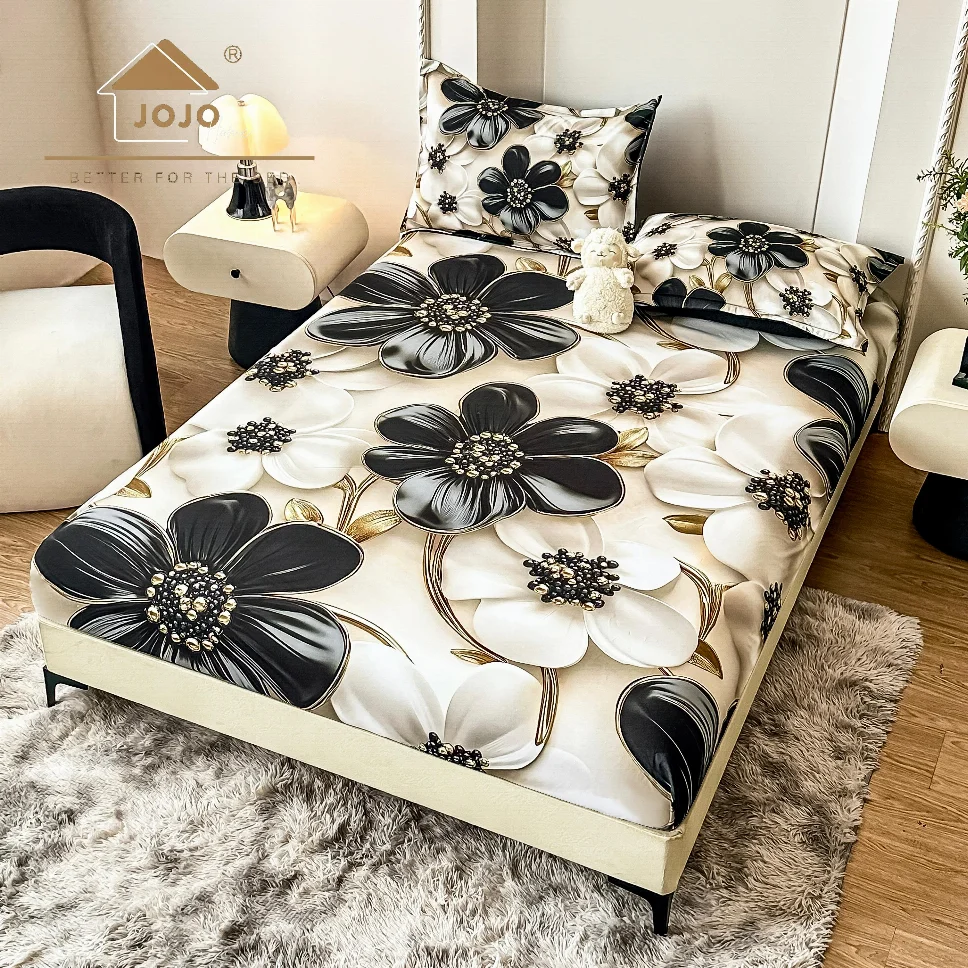 HUSE DE PAT - Husa de pat cu Elastic 5D,160x200 cm, alb cu flori negre si aurii-E7