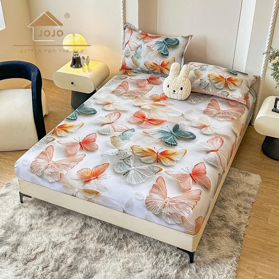 HUSE DE PAT - Husa de pat cu Elastic 5D,160x200 cm, alb cu fluturi colorați 3D-E1