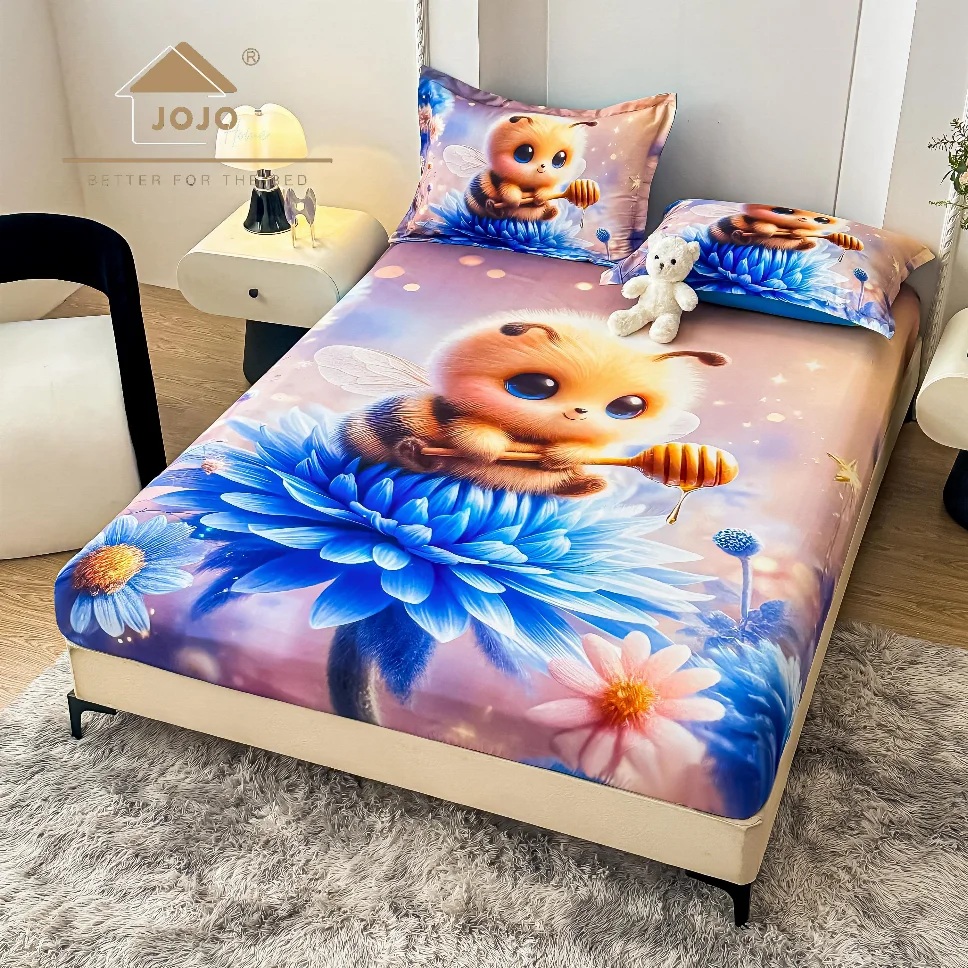 HUSE DE PAT - Husa de pat cu Elastic 5D,160x200 cm, albina pe floare albastra-E28