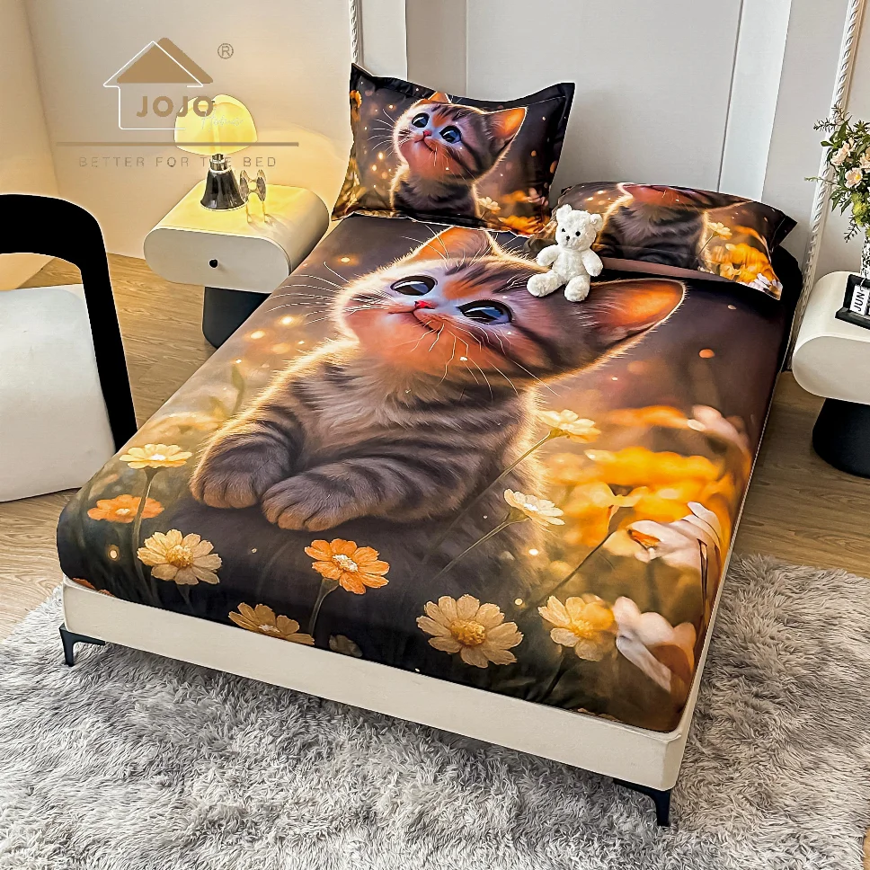 HUSE DE PAT - Husa de pat cu Elastic 5D,160x200 cm, pisicuțe cu flori galbene-E14