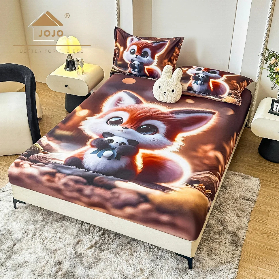 HUSE DE PAT - Husa de pat cu Elastic 5D,160x200 cm, vulpe simpatica cu panda adorabil-E34