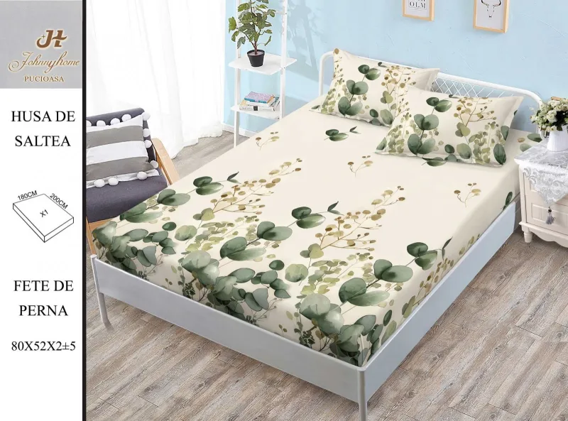 HUSE DE PAT - Husa de pat din Finet cu elastic+ 2 fete  de perna 180x200 ,Eucalipt  -HG258