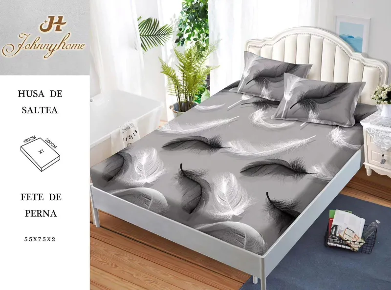 HUSE DE PAT - Husa de pat din Finet cu elastic+ 2 fete  de perna 180x200 ,Gri Pene -HG235