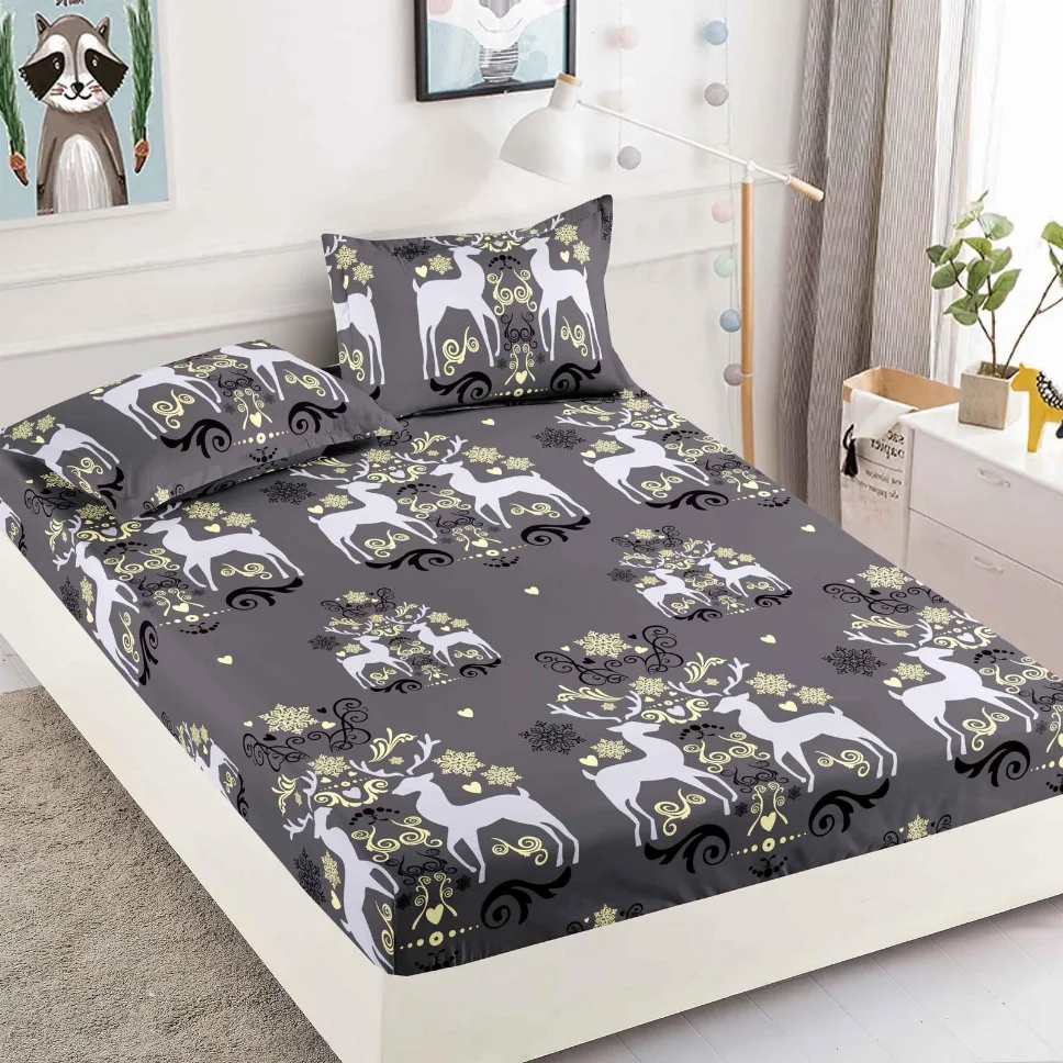 Huse de pat Mos Craciun - Husa de pat din Finet cu elastic, gri cu căprioare stilizate-HMJ21