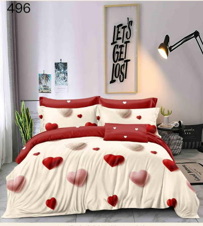 LENJERII DE PAT - Lenerie de pat finet,6 piese crem cu inimioare roșii și roz-GR496