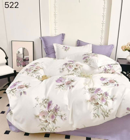LENJERII DE PAT - Lenerie de pat finet,6 piese crem cu trandafiri și flori violet în stil romantic-GR522