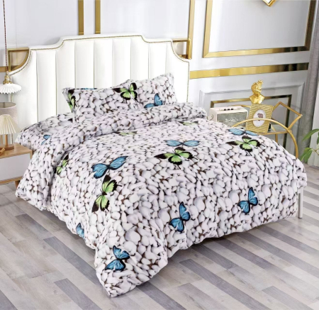 Lenjerii de pat Cocolino - Lenjerie Cocolino Pufoasa cu Elastic 4 piese alb cu fluturi și flori colorate-CS3