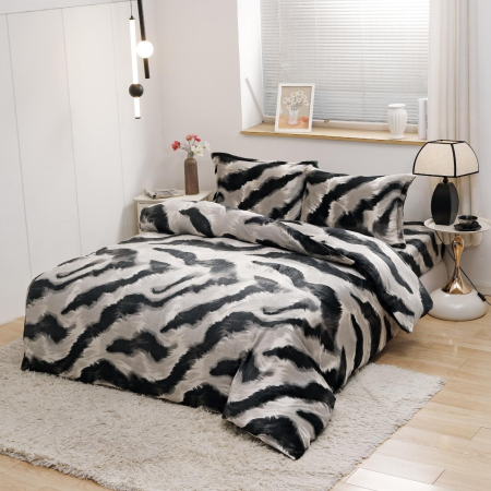 LENJERII DE PAT - Lenjerie Cocolino Pufoasa cu Elastic 4 piese alb cu negru zebra, textura pufos-CE2