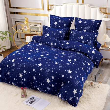 Lenjerii de pat Cocolino - Lenjerie Cocolino Pufoasa cu Elastic 4 piese bleumarin cu stele și comete albe-CS2