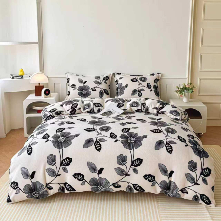 LENJERII DE PAT - Lenjerie Cocolino Pufoasa cu Elastic 4 piese crem cu flori negre și frunze-CE11
