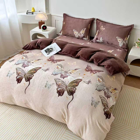 LENJERII DE PAT - Lenjerie Cocolino Pufoasa cu Elastic 4 piese crem cu fluturi maro și aurii-CE6