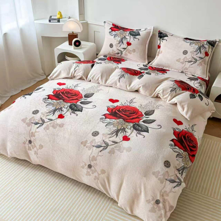 LENJERII DE PAT - Lenjerie Cocolino Pufoasa cu Elastic 4 piese crem cu trandafiri rosii si frunze negre-CE5