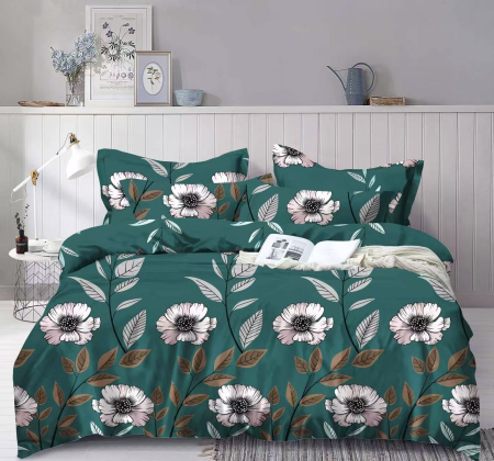 Lenjerii de pat Cocolino - Lenjerie Cocolino Pufoasa cu Elastic 4 piese verde închis cu floricele roz și frunze-CS10