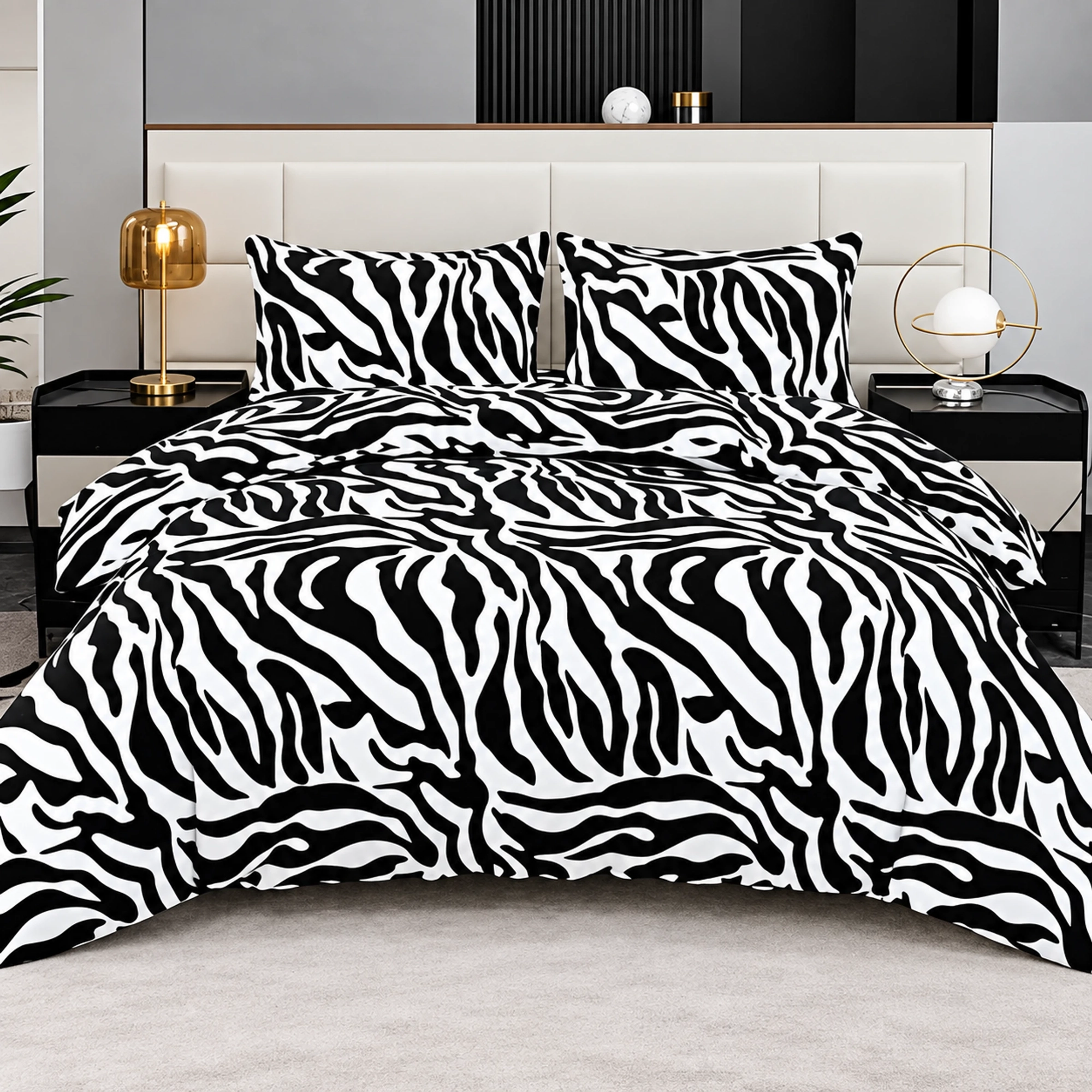 Lenjerii de pat Cocolino - Lenjerie Cocolino Pufoasa cu Elastic 4 piese zebra negru și alb-CS15