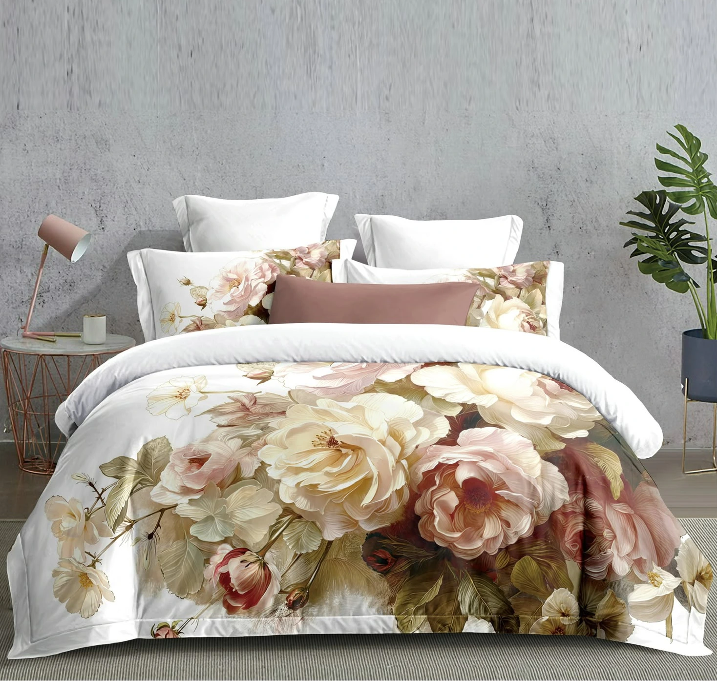 Lenjerii de pat Lux Primavara - Lenjerie cu elastic, pat dublu, FINET FIN, 4 piese Crem cu trandafiri roz și bej în stil clasic-BG8054