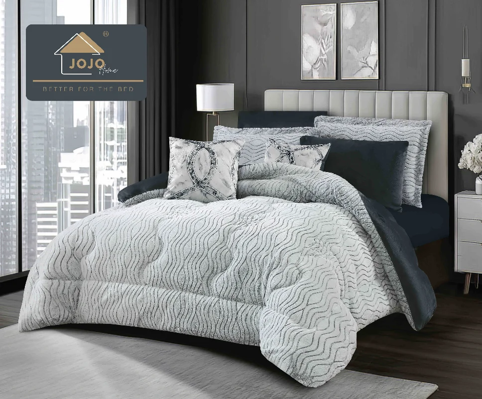 Lenjerie cu Pilota din Blanita artificiala de iepure si Catifea cearceaf cu elastic, gri cu motive geometrice albe-PBJ20 [1]