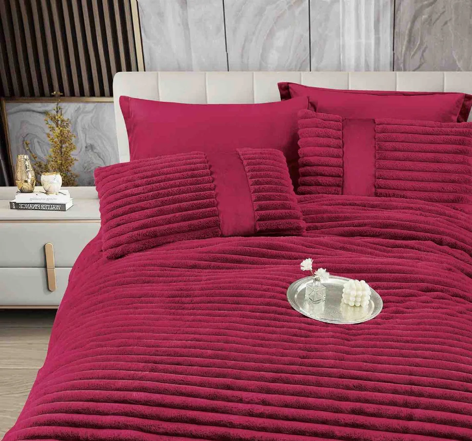 Lenjerie cu Pilota din Blanita artificiala de iepure si cearceaf cu elastic ,6 piese, roz intens texturat, catifelat-PBJ14 [1]