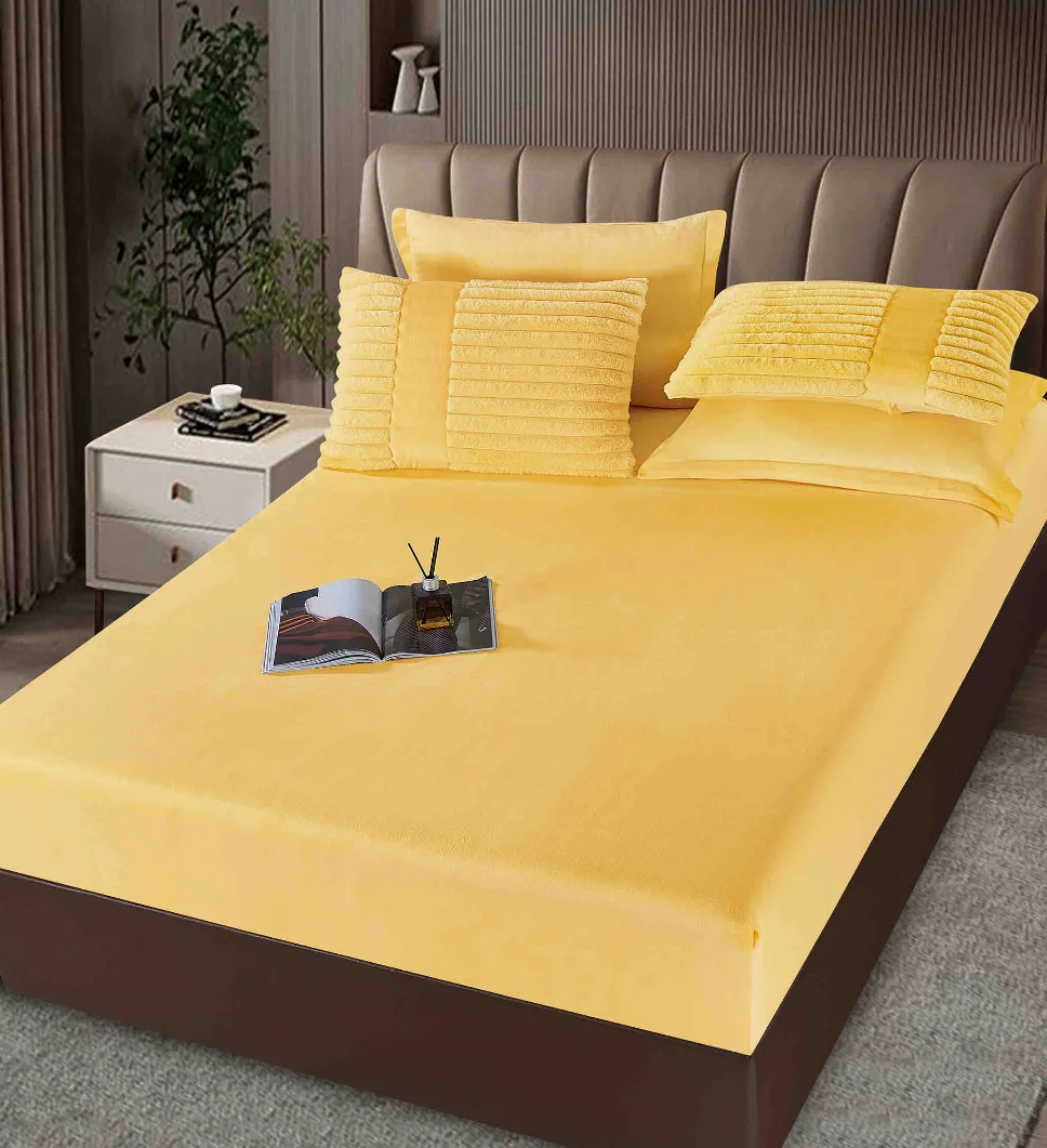 Lenjerie cu Pilota din Blanita artificiala de iepure si cearceaf cu elastic ,6 piese, textura striată, galben vibrant-PBJ13 [2]