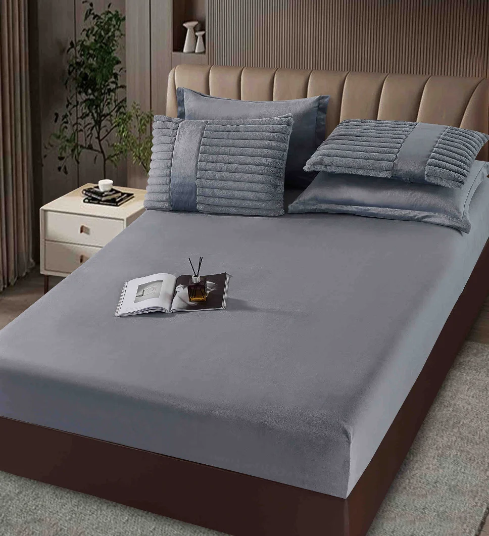 Lenjerie cu Pilota din Blanita artificiala de iepure si cearceaf cu elastic ,6 piese, texturat fin pe tonuri de gri-PBJ12 [2]