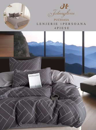 Lenjerii de pat 1 Persoana FINET - Lenjerie de pat 1 Persoana,4 piese,Gri cu imprimeu geometric-P77