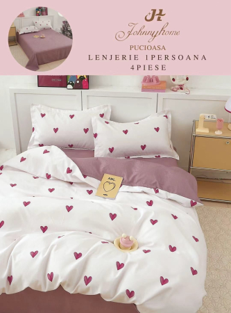 Lenjerii de pat 1 Persoana FINET - Lenjerie de pat 1 Persoana,4 piese,Alb cu Inimioare rosii-P76