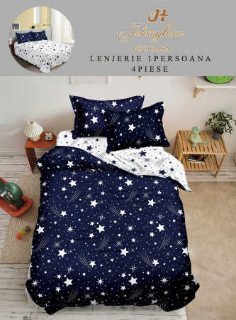 Lenjerii de pat 1 Persoana FINET - Lenjerie de pat 1 Persoana,4 piese,Finet.Albastru/alb cu cometeacte -P50