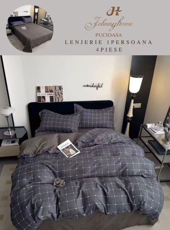 Lenjerii de pat 1 Persoana FINET - Lenjerie de pat 1 Persoana,4 piese,Patratle,Gri-P73