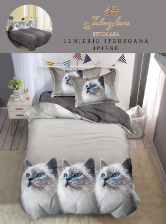 Lenjerii de pat 1 Persoana FINET - Lenjerie de pat 1 Persoana,4 piese,Gri cu Pisicute-P78