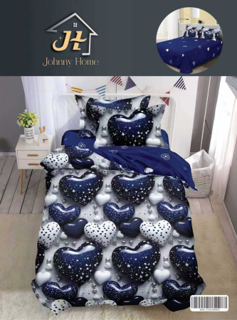 Lenjerii de pat 1 Persoana FINET - Lenjerie de pat 1 Persoana,4 piese,Albastru cu inimioare lucioase-P64