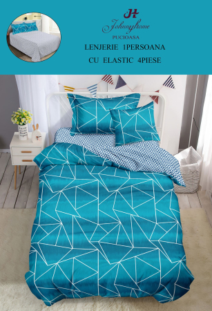 Lenjerii de pat 1 Persoana FINET - Lenjerie de pat 1 Persoana,4 piese,Geometric,Turcoaz-P72