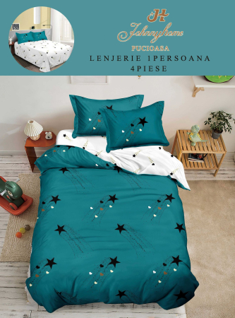Lenjerii de pat 1 Persoana FINET - Lenjerie de pat 1 Persoana,4 piese,Verde cu stelute negre/albe-P74
