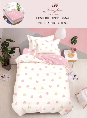 LENJERII DE PAT 1 PERSOANA & COPII - Lenjerie de pat 1 Persoana cu Elastic,crem cu inimioare roz-YE154