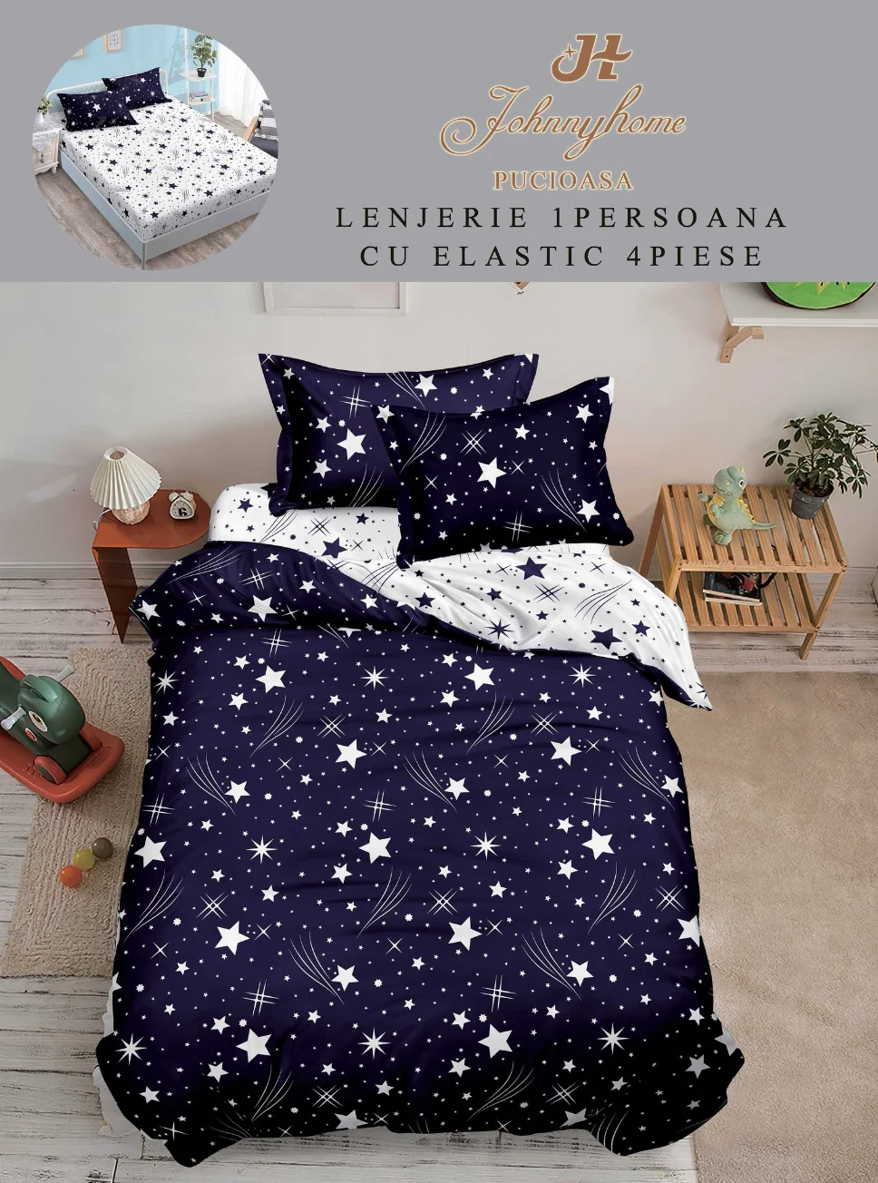 LENJERII DE PAT 1 PERSOANA & COPII - Lenjerie de pat 1 Persoana, bleumarin cu stele albe-YE137