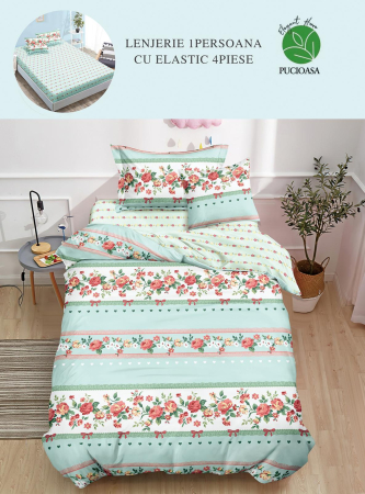 LENJERII DE PAT 1 PERSOANA & COPII - Lenjerie de pat 1 persoană cu elastic 4 piese, model floral și dungi-YE28