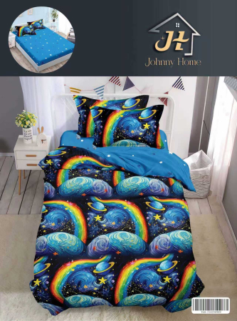 LENJERII DE PAT 1 PERSOANA & COPII - Lenjerie de pat 1 Persoana cu Elastic,Albastru cu curcubeu si Planete-YE166