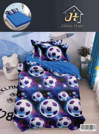 LENJERII DE PAT 1 PERSOANA & COPII - Lenjerie de pat 1 Persoana cu Elastic,Albastru cu mingii de fotbal-YE163