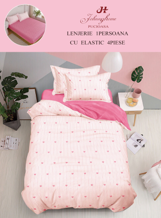LENJERII DE PAT 1 PERSOANA & COPII - Lenjerie de pat 1 Persoana cu Elastic,Inimioare Roz-YE170