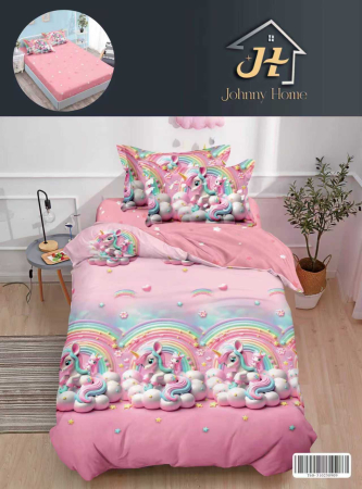 LENJERII DE PAT 1 PERSOANA & COPII - Lenjerie de pat 1 Persoana cu Elastic, Roz curcubeu cu Unicorni-YE159