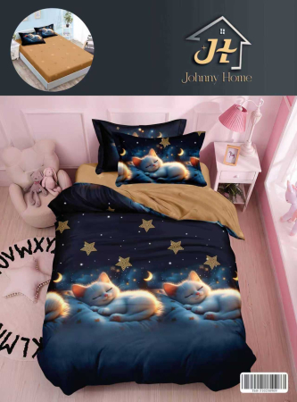 LENJERII DE PAT 1 PERSOANA & COPII - Lenjerie de pat 1 Persoana cu Elastic,Pisicute si stele-YE173